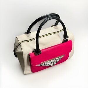 Betsy Johnson Satchel Handbag Ivory Black Pink Medium Size